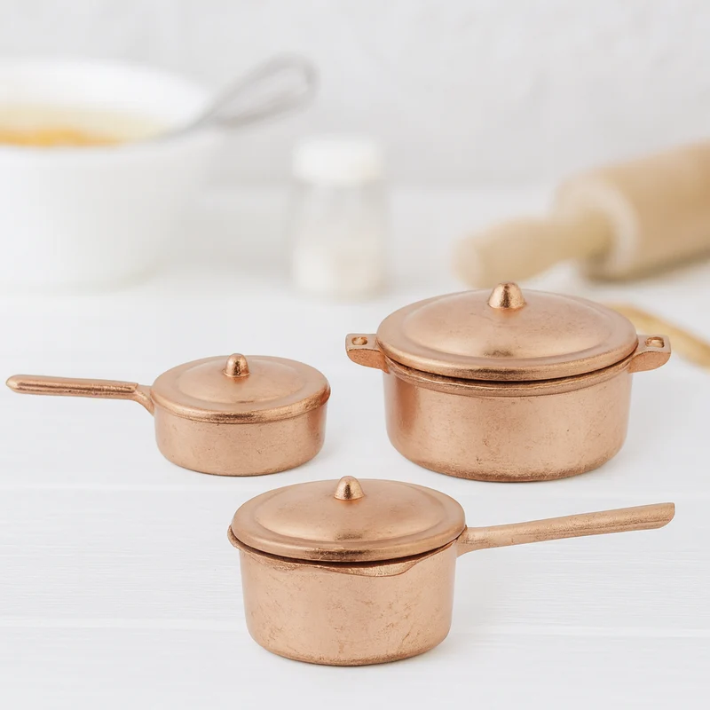 Miniatur Topfset 3-teilig mit Deckel kupferfarben ca. 1,8x3cm Metall - Wichtel Zubehör