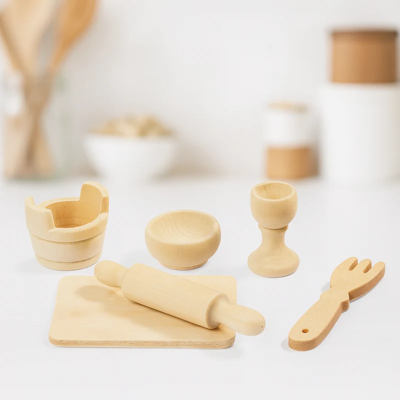 Miniatur Backset 6-teilig aus Holz, ca. 1–5,5cm - Wichtel Zubehör