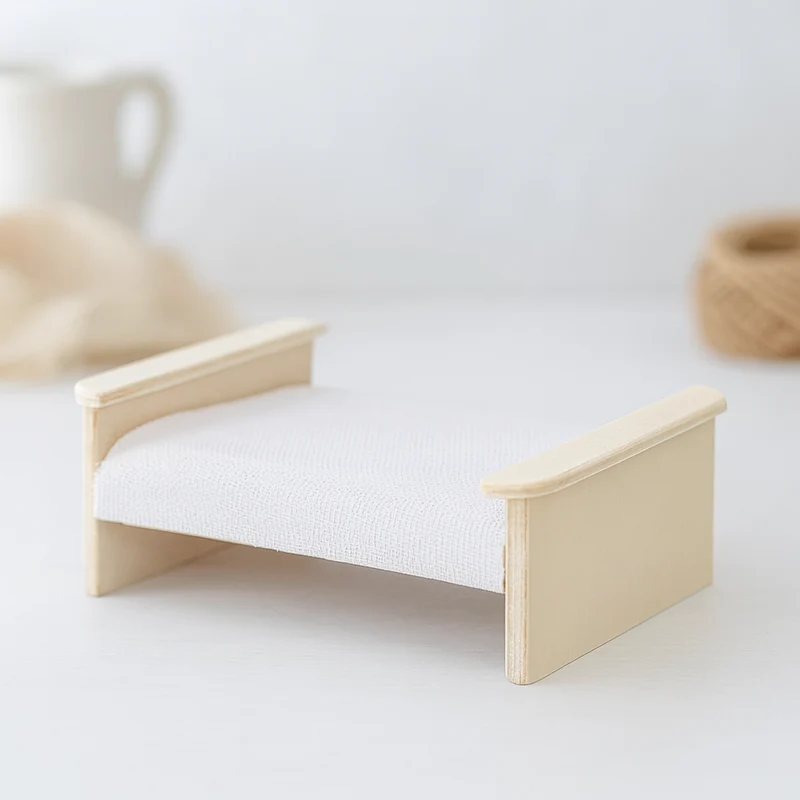 Miniatur Bett 9cm Holz – Wichtel Zubehör für Puppenhaus & Diorama