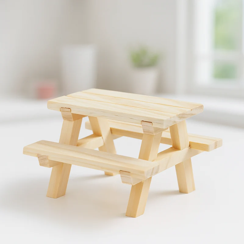 Miniatur Tisch mit Bänken – Wichtel Zubehör Holz 8x8x5,5cm