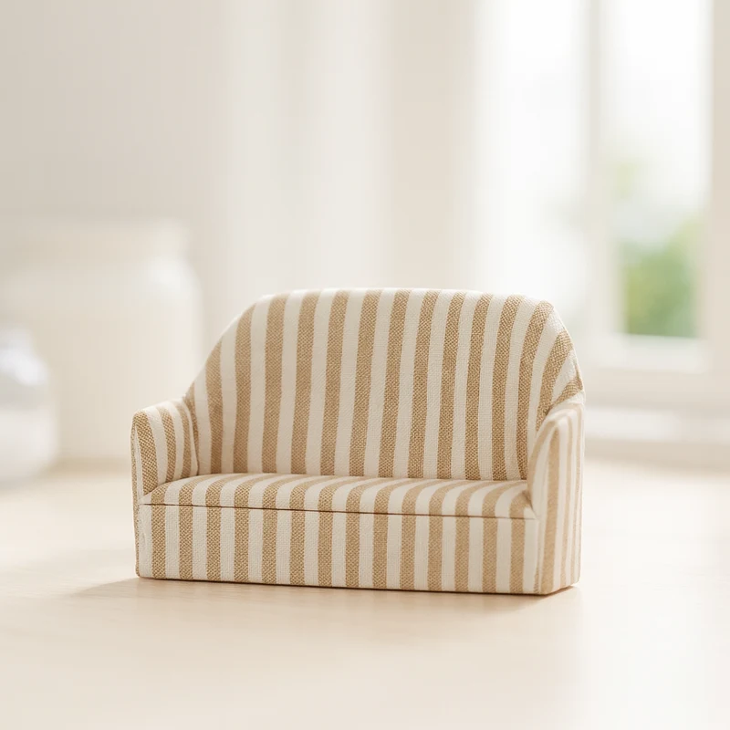 Miniatur Sofa Stoff braun-weiß 11,5x4,5x8cm - Wichtel Zubehör