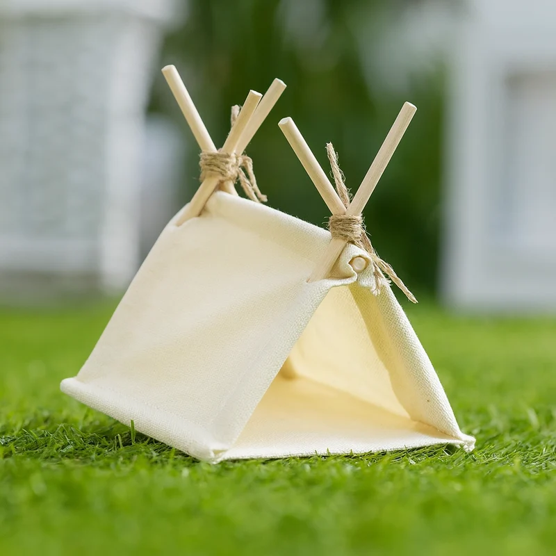 Miniatur Zelt beige – Wichtel Zubehör ca. 10x8x8 cm aus Holz & Stoff