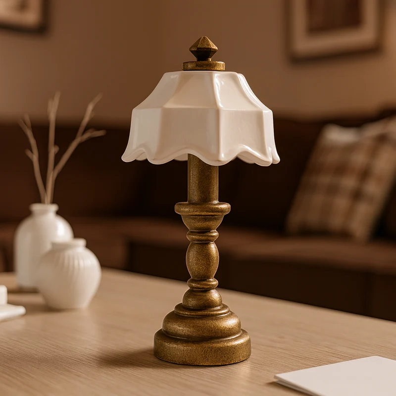 Miniatur Tischlampe messing-weiß – Wichtel Zubehör ca. 2x4,3cm