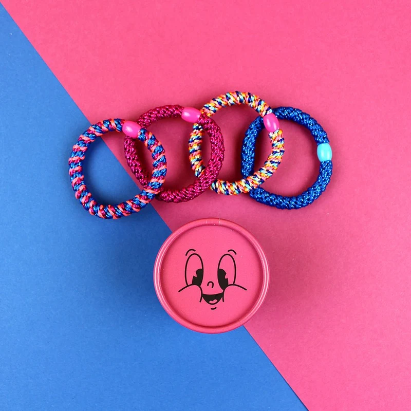 Haargummi-Set Pink/blau mit 4 Haargummis in runder Geschenkbox