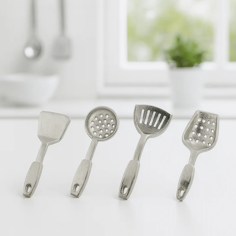 Miniatur Küchenzubehör 4-teilig silber – Wichtel Zubehör ca. 3cm