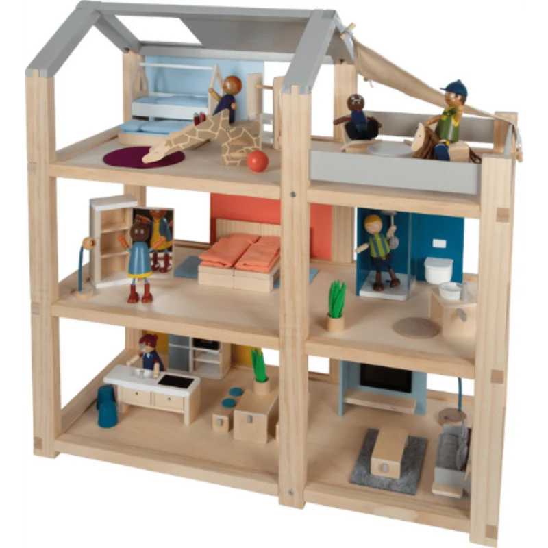 Small Foot 12541 Puppenhaus Natur mit Möbeln, 51-teilig