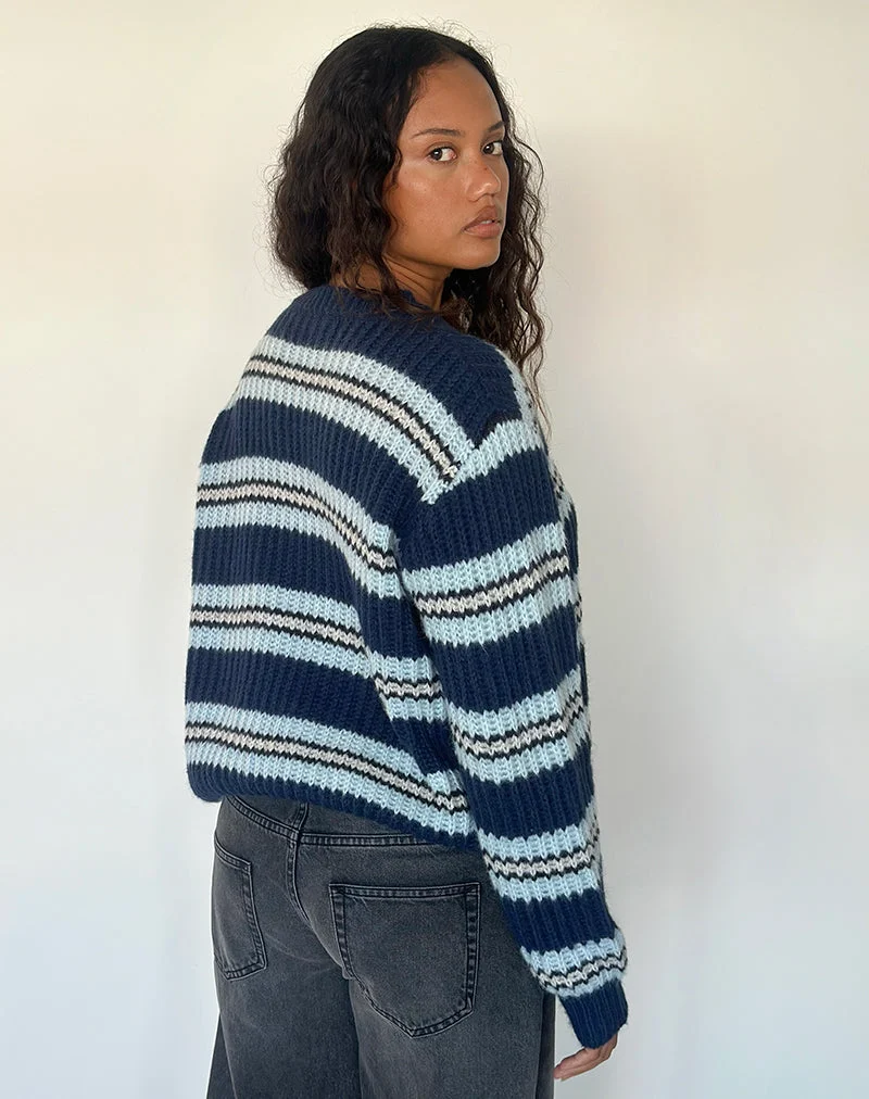 Namirta-Pullover in Marineblau und Hellblau mit schwarzem Streifen