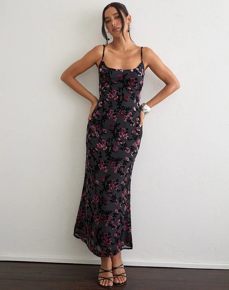 Nismara Maxikleid mit Devore-Blumenmuster in Schwarz