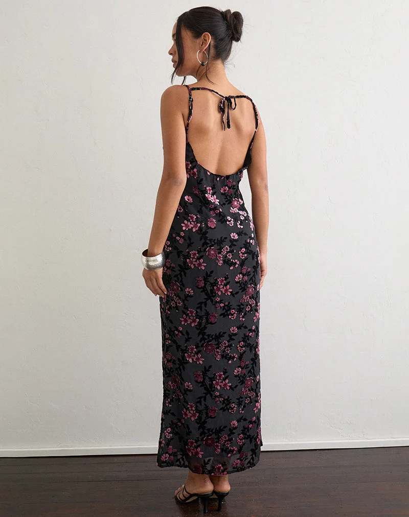 Nismara Maxikleid mit Devore-Blumenmuster in Schwarz