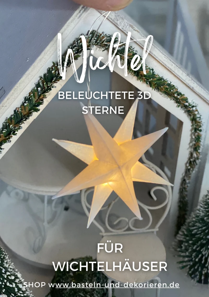 Miniatur Leuchtstern für Wichtelhaus – handgefertigter Deko-Stern mit Drahtlichterkette, skandinavische Weihnachtsdekoration
