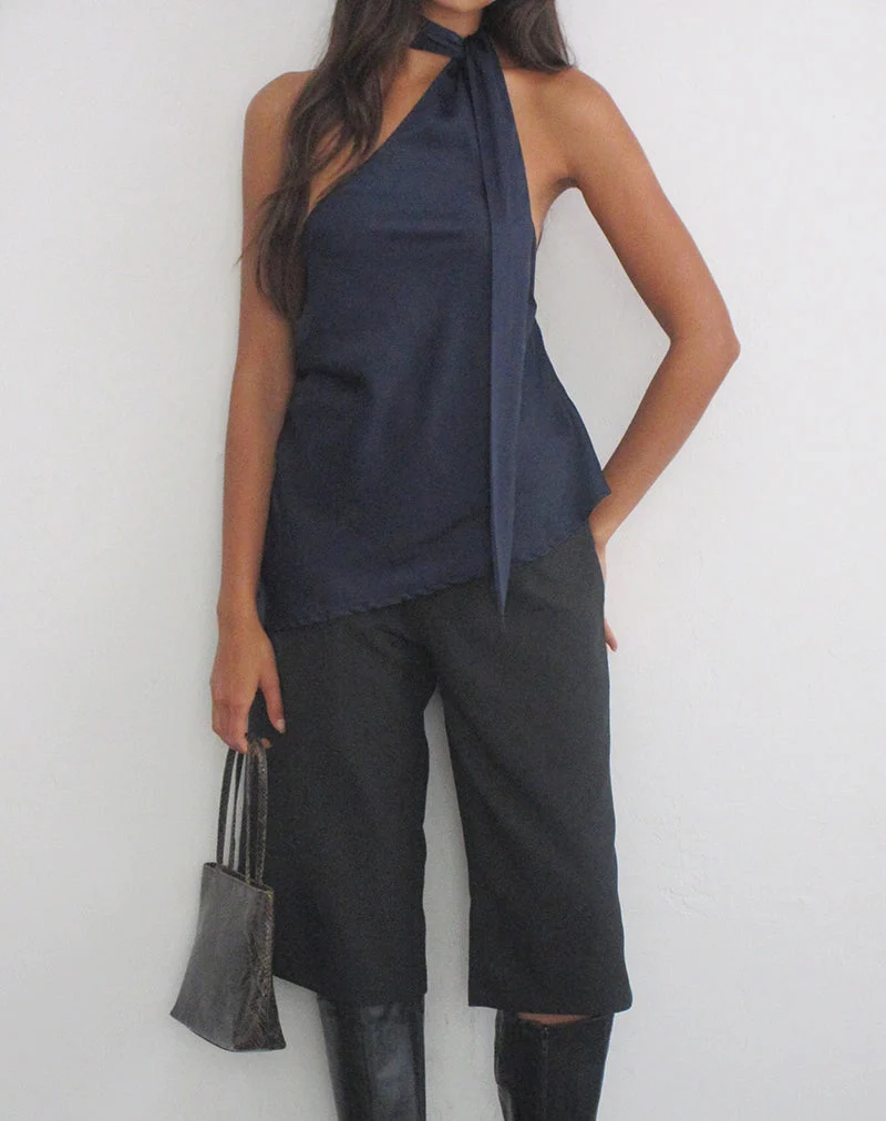 Sambara Asymmetrisches Neckholder-Top mit Schleifenbindung aus Satin in Marineblau