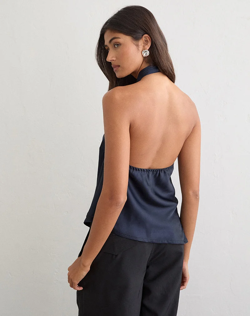 Sambara Asymmetrisches Neckholder-Top mit Schleifenbindung aus Satin in Marineblau