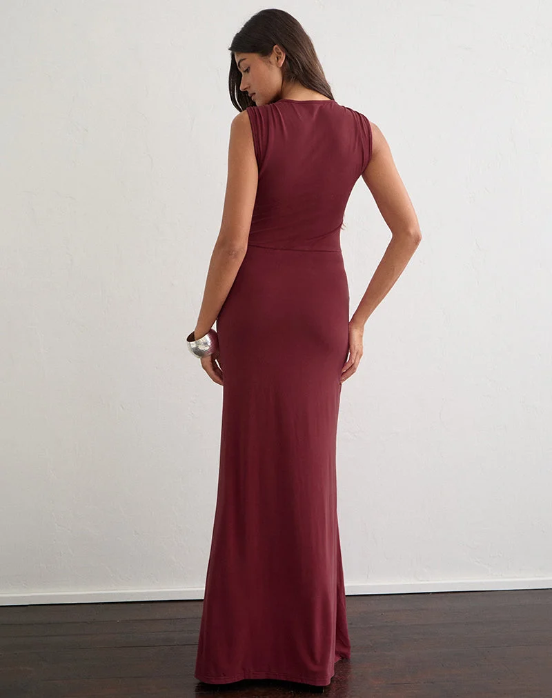 Rohasy Maxi-Kleid mit tiefem Ausschnitt aus Cupro in Burgunderrot