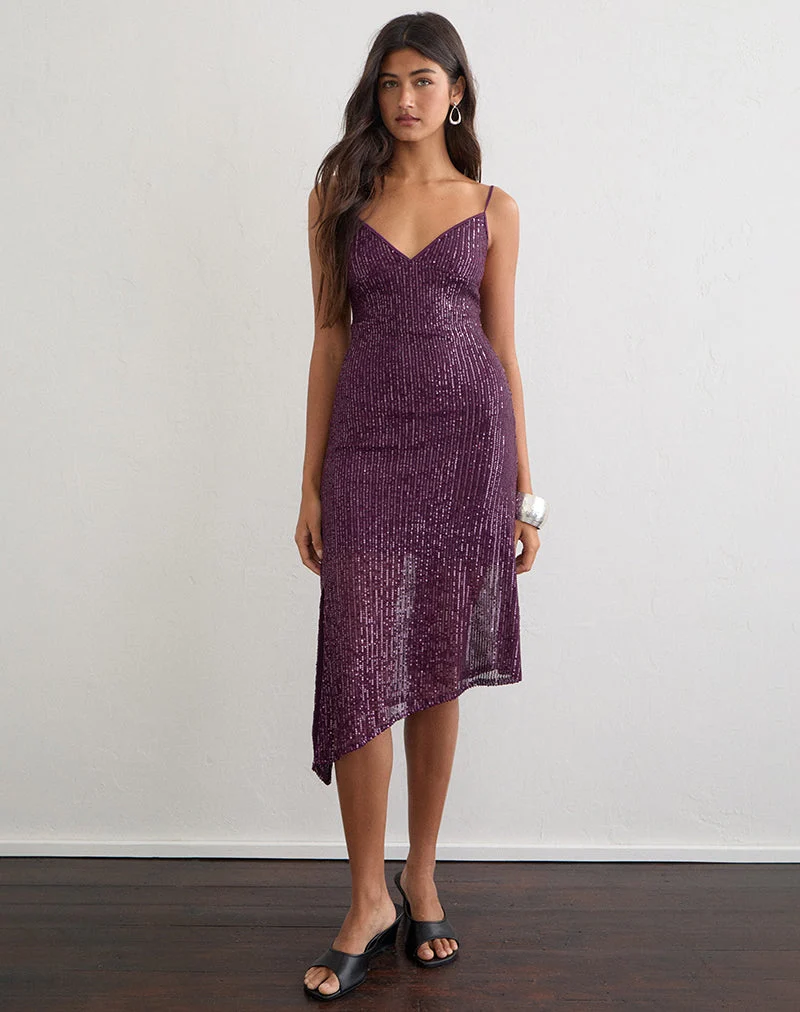 Quinn – asymmetrisches Midikleid in Pailletten-Deep-Purple