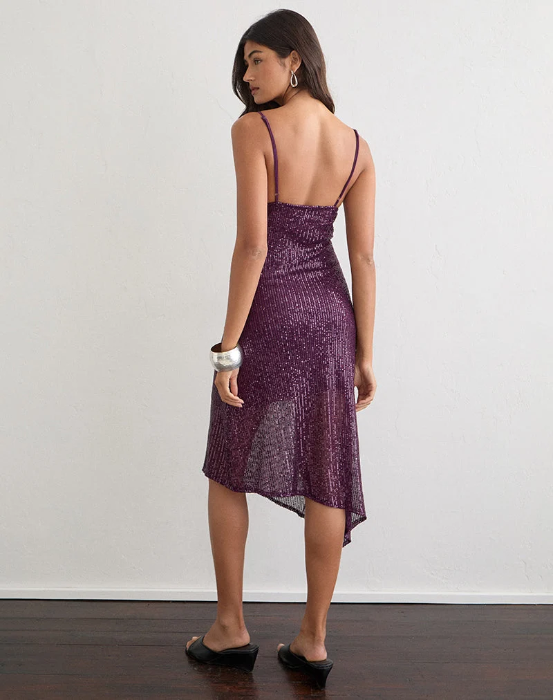 Quinn – asymmetrisches Midikleid in Pailletten-Deep-Purple
