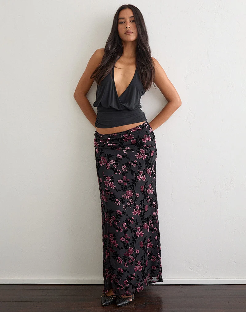 Nirbana-Maxirock mit Devore-Blumenmuster in Schwarz