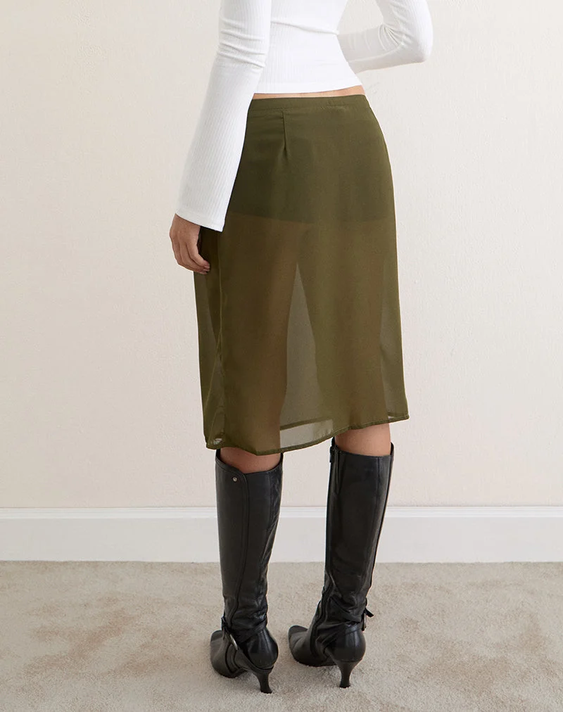 Bintuni Midi-Rock mit Knöpfen aus Chiffon in Khaki