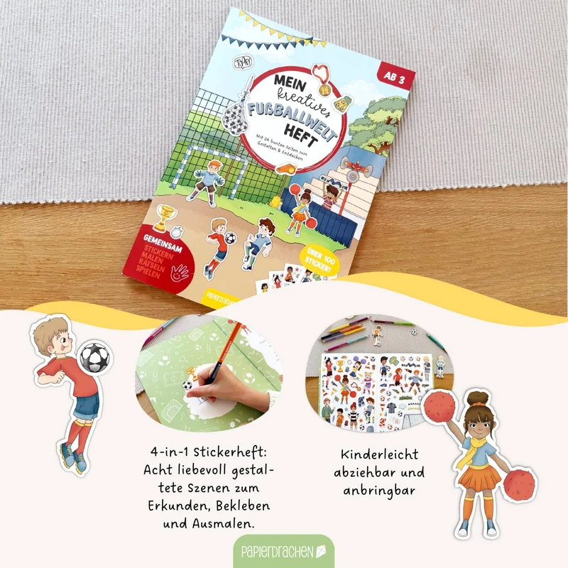 Papierdrachen Mein kreatives Fußballwelt Heft - Malen, Rätseln, Stickern