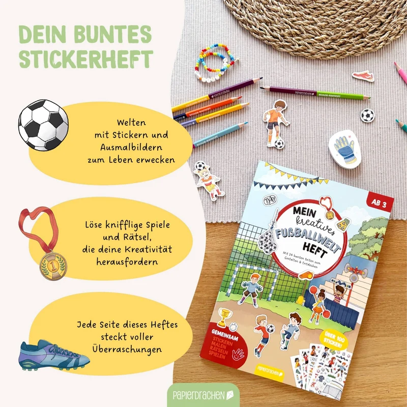 Papierdrachen Mein kreatives Fußballwelt Heft - Malen, Rätseln, Stickern
