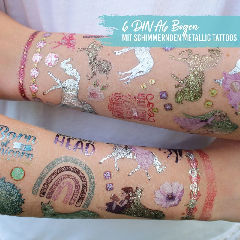 Papierdrachen Kindertattoo Metallic - Einhörner