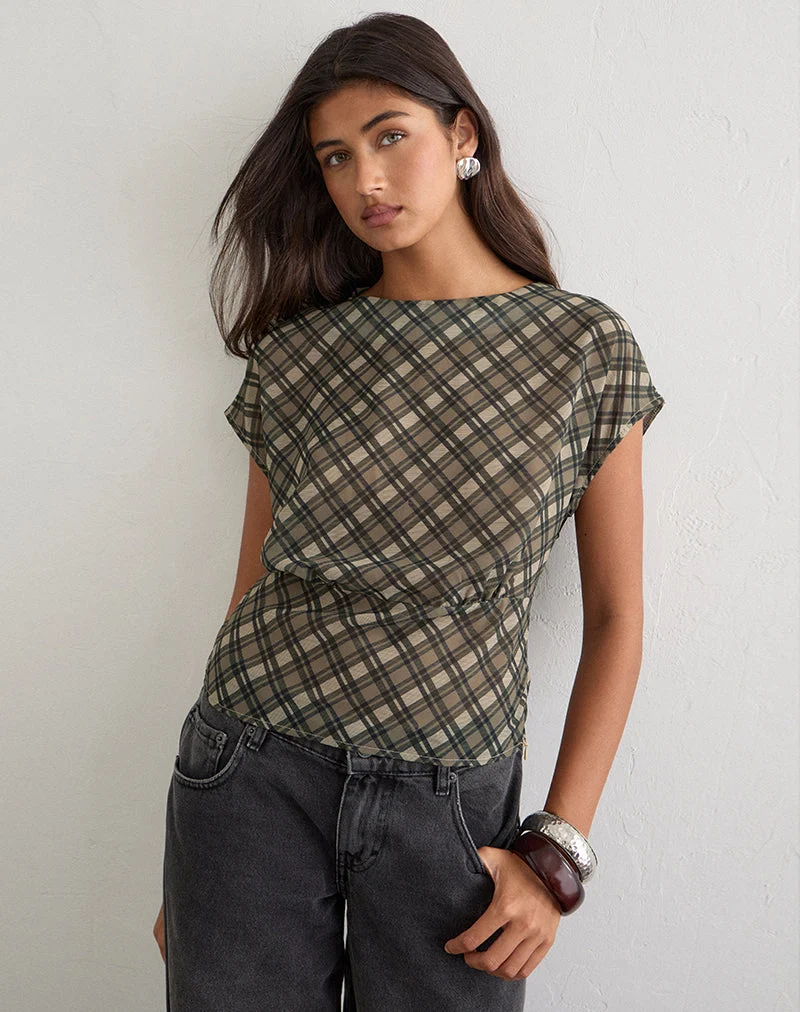 Zayla-Oberteil aus Chiffon mit Vintage-Karo-Muster in Olivgrün