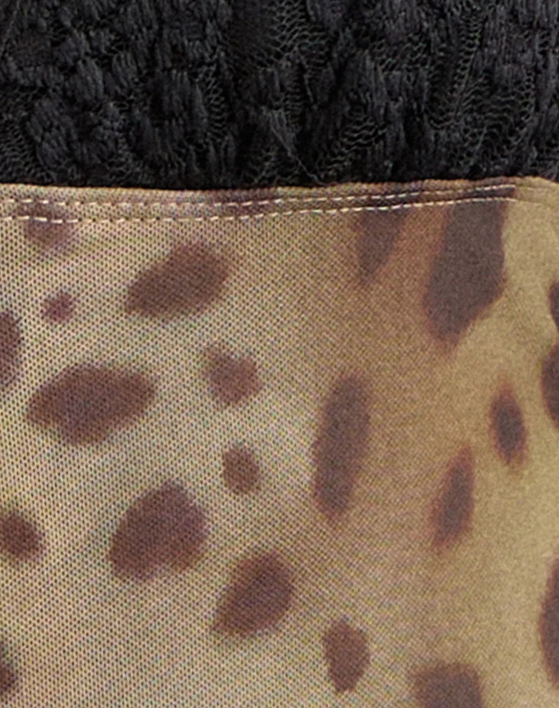 Aemma Minikleid in Schwarz und Netzstoff mit großem Leopardenmuster in Braun