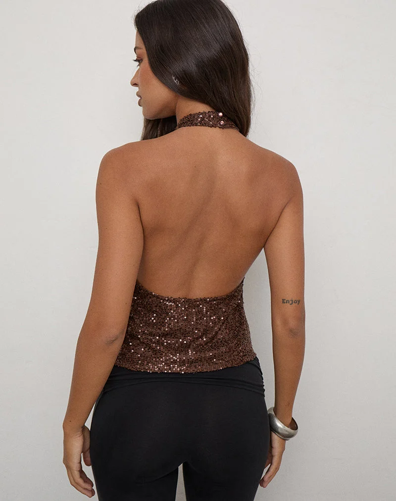 Beatrice Halter-Top mit Pailletten, dunkelbraun