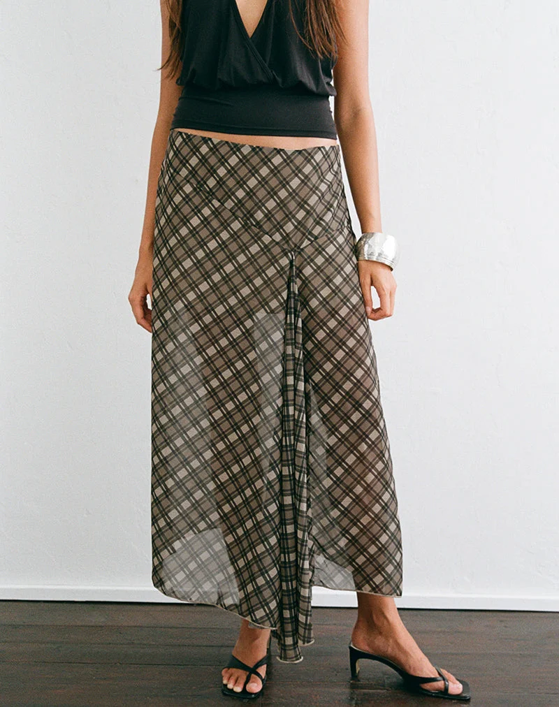 Selenia Maxi-Rock aus Chiffon mit Vintage-Karomuster in Olivgrün