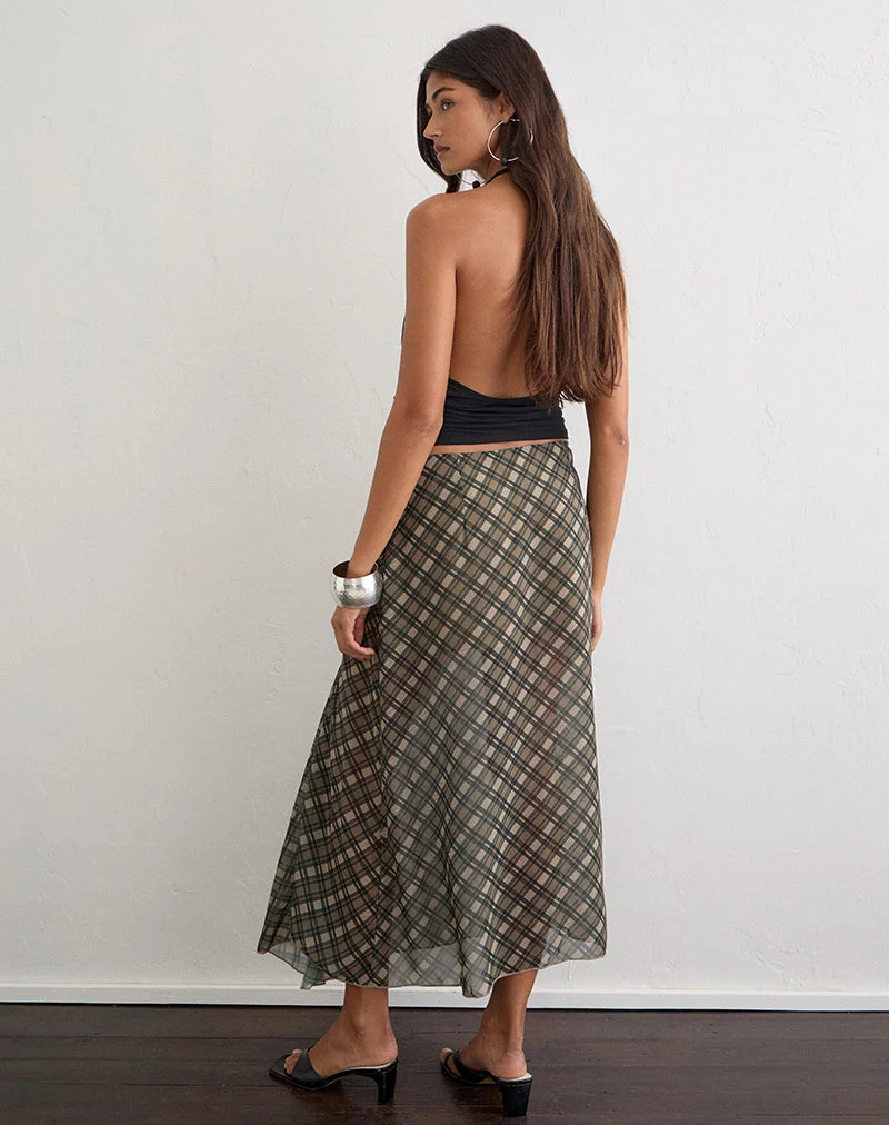 Selenia Maxi-Rock aus Chiffon mit Vintage-Karomuster in Olivgrün