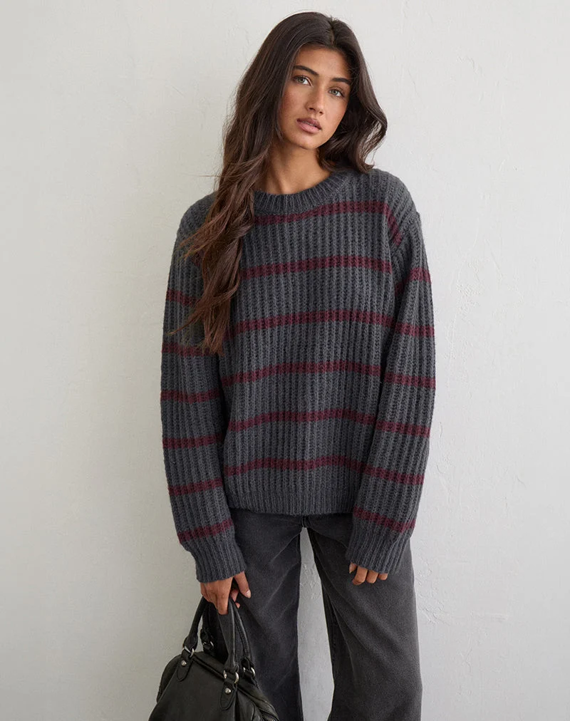 Namirta-Pullover in Grau mit Streifen in den Farben „Raven“ und „Raspberry“