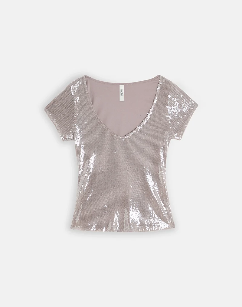 Lauren-Top mit V-Ausschnitt in Pailletten-Mauve