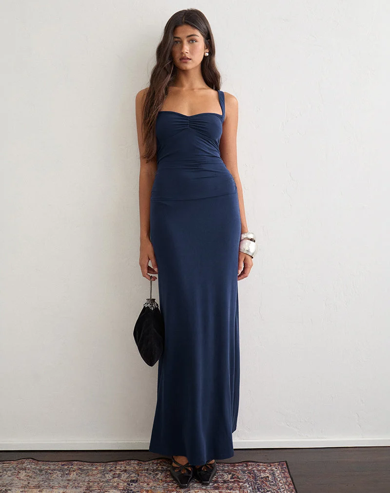 Alivia Maxikleid mit Rüschen aus Cupro in Marineblau