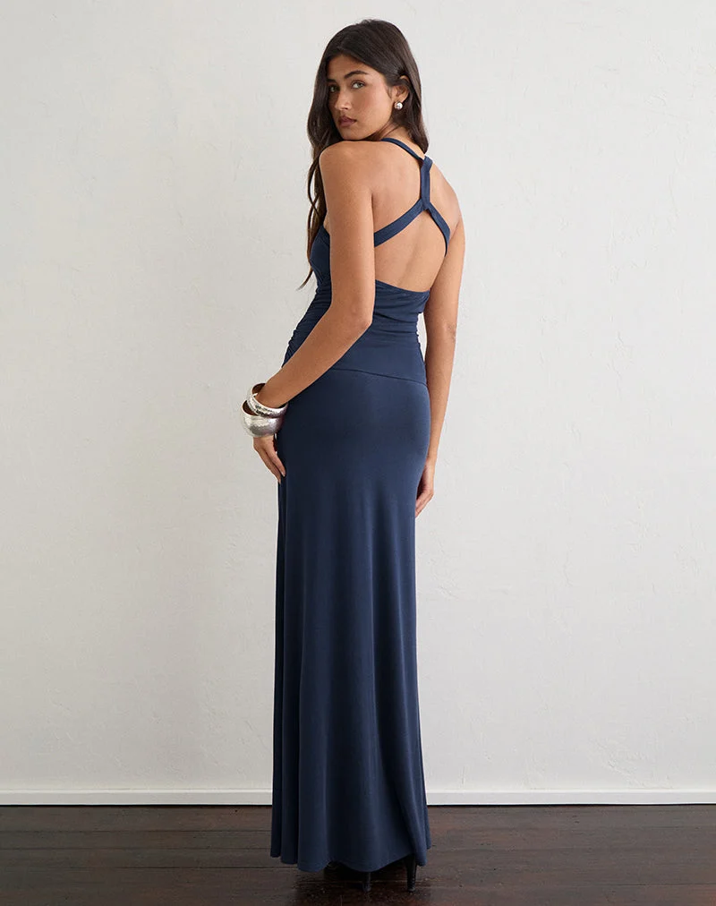 Alivia Maxikleid mit Rüschen aus Cupro in Marineblau