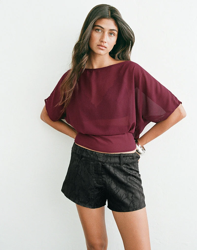 Tanur Mini-Shorts aus schwarzem Satin-Jacquard mit Blumenmuster