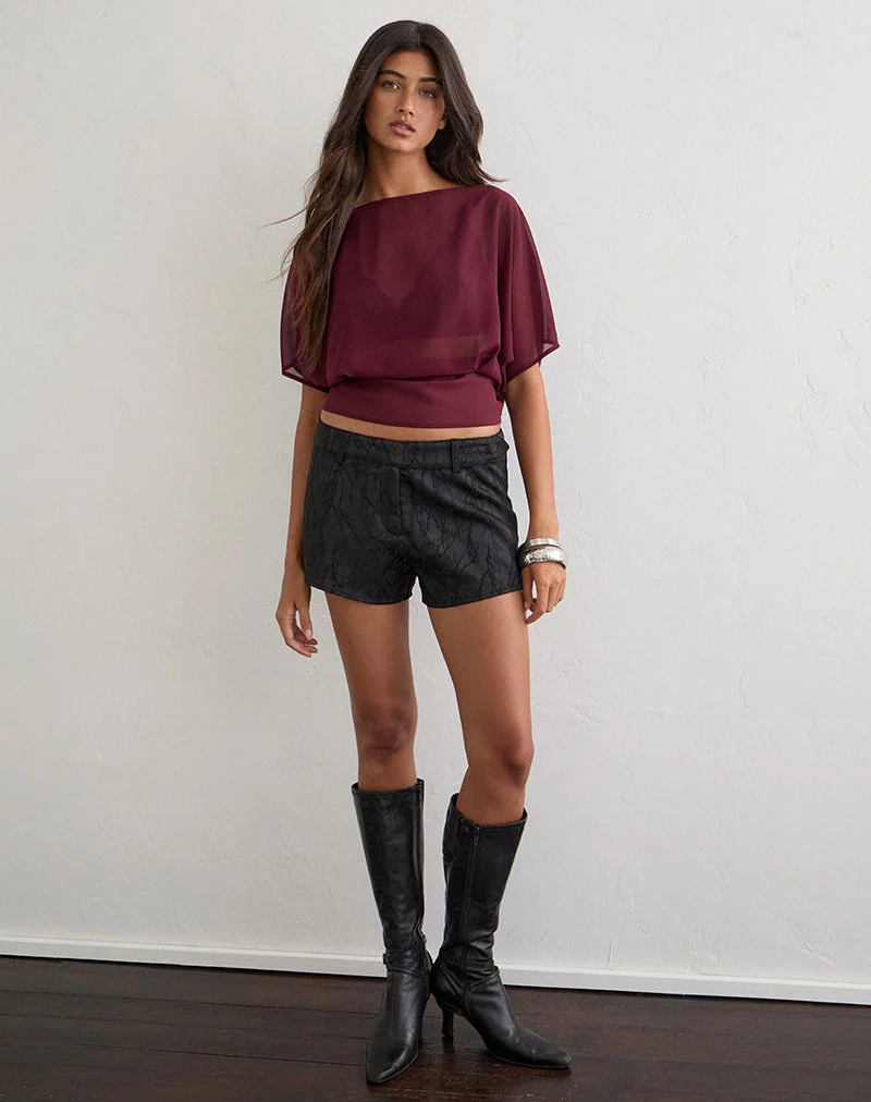 Tanur Mini-Shorts aus schwarzem Satin-Jacquard mit Blumenmuster