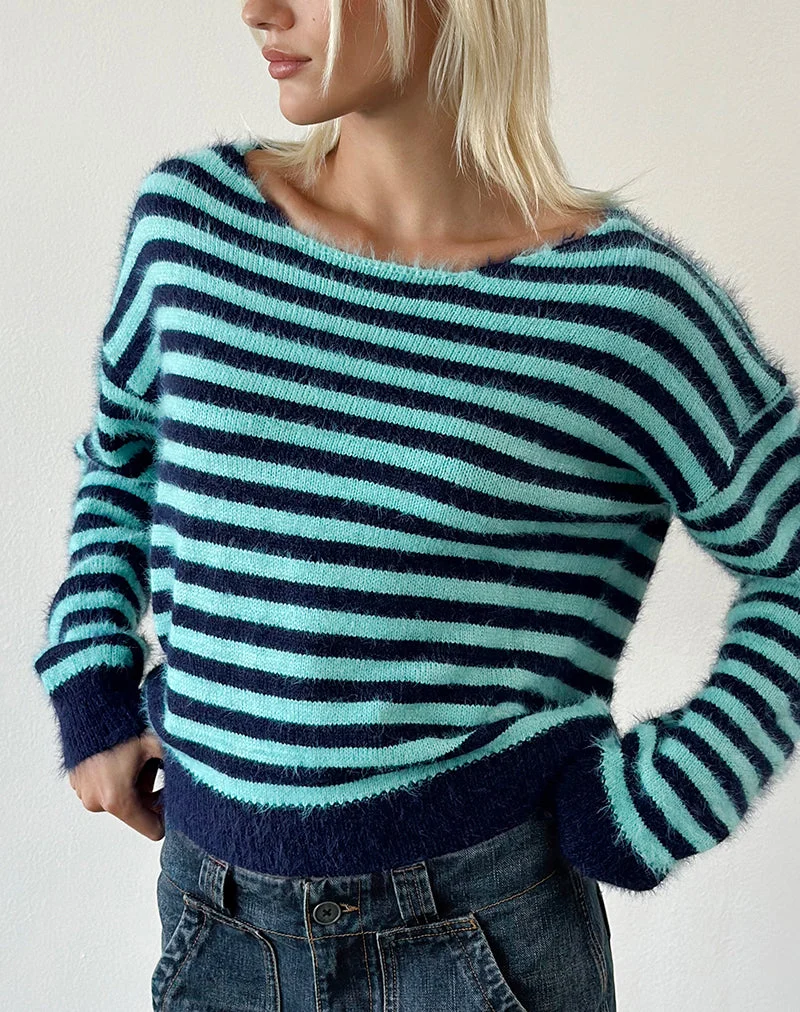 Zalo-Pullover aus Strick mit Streifen in Hellblau und Marineblau