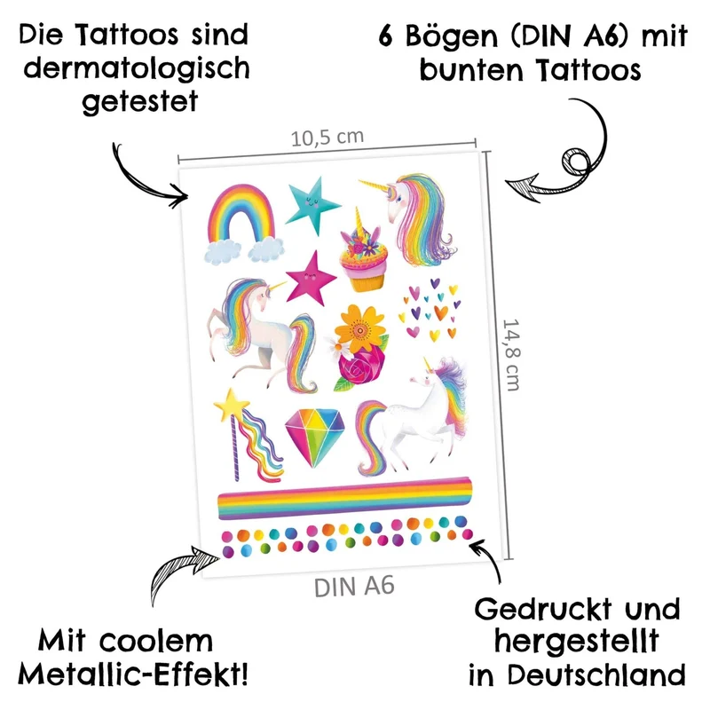 Papierdrachen Kindertattoo Metallic - Einhorn und Regenbogen
