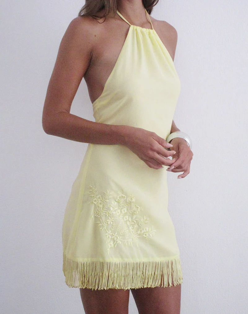Brisea-Minikleid in Zitronengelb mit Vintage-Blumenstickerei