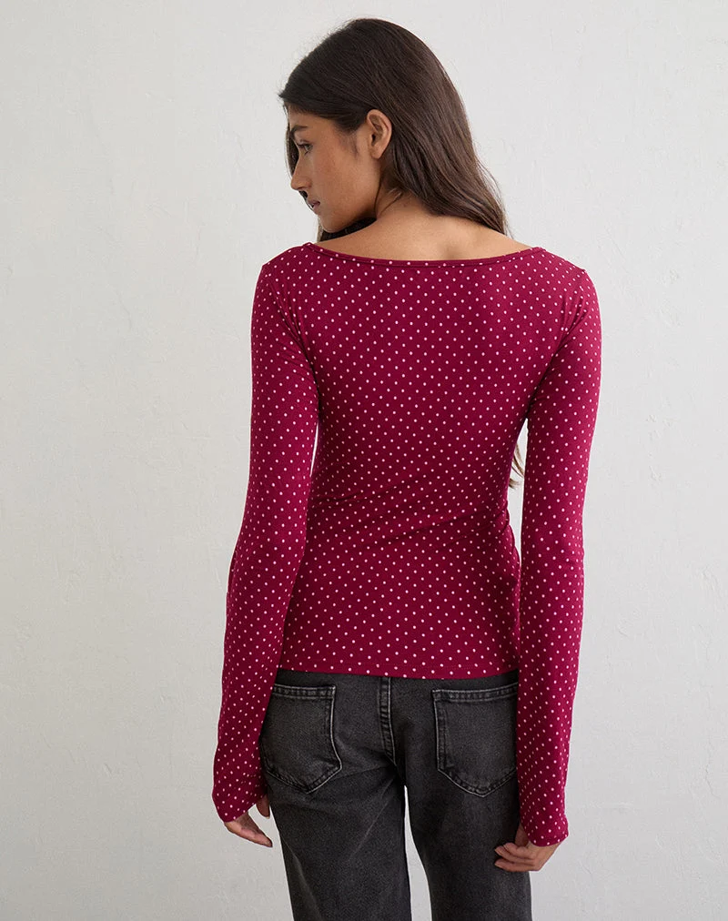 Mazone-Top in Weinrot mit rosa Mikro-Polka-Print