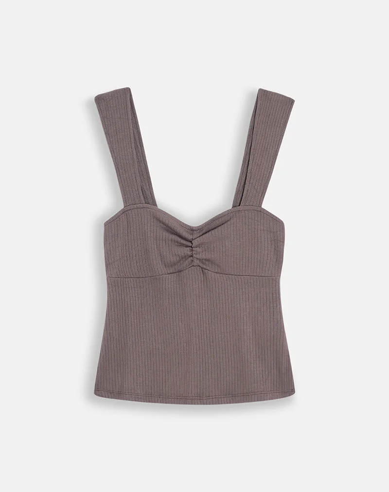 Gincu-Top mit Rüschen in der Farbe „Coffee Quartz“ mit dickem Rippmuster