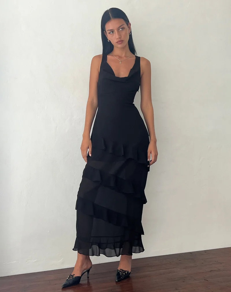 Otna Chiffon-Maxikleid mit Rüschenbesatz in Schwarz