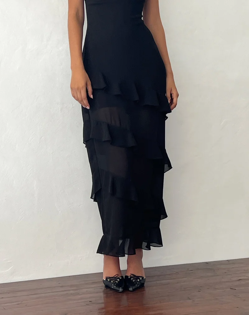 Otna Chiffon-Maxikleid mit Rüschenbesatz in Schwarz