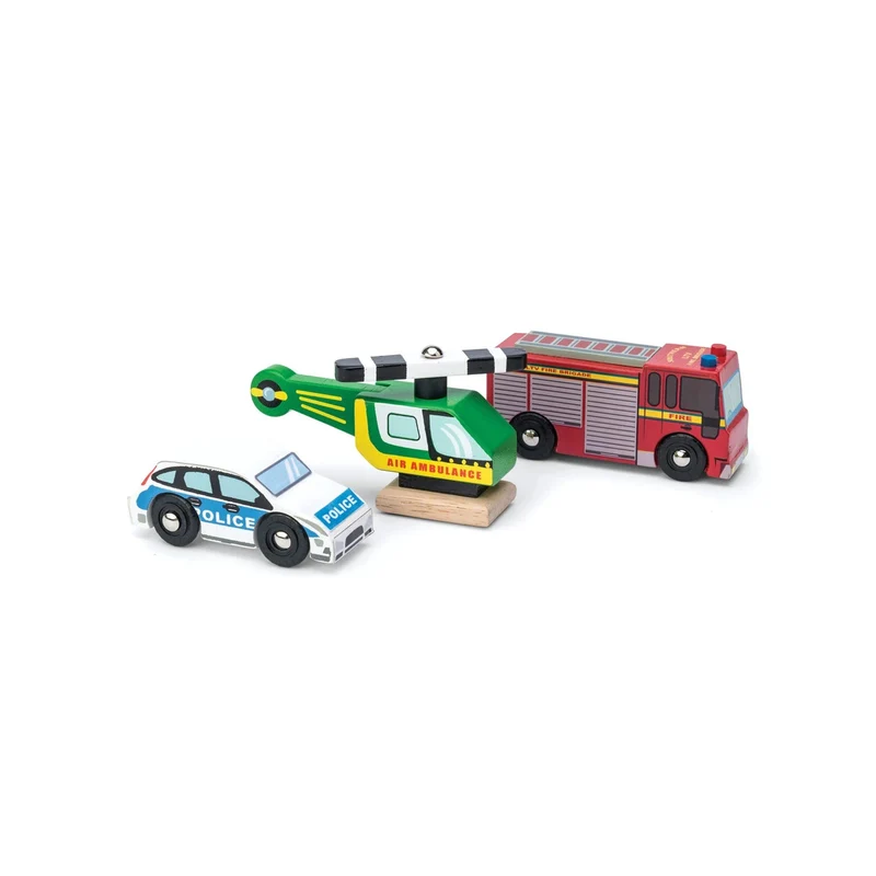 Einsatzfahrzeug-Set Holz - Polizei, Feuerwehr und Hubschrauber