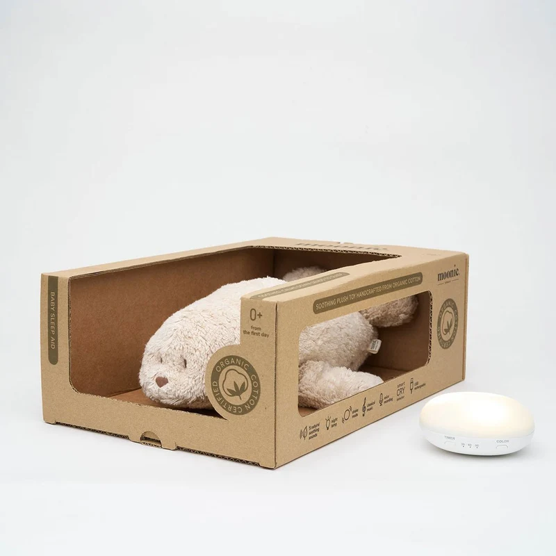 Moonie Robbe 2.0 Organic Nachtlicht, Einschlafhilfe & Kuscheltier - Sand