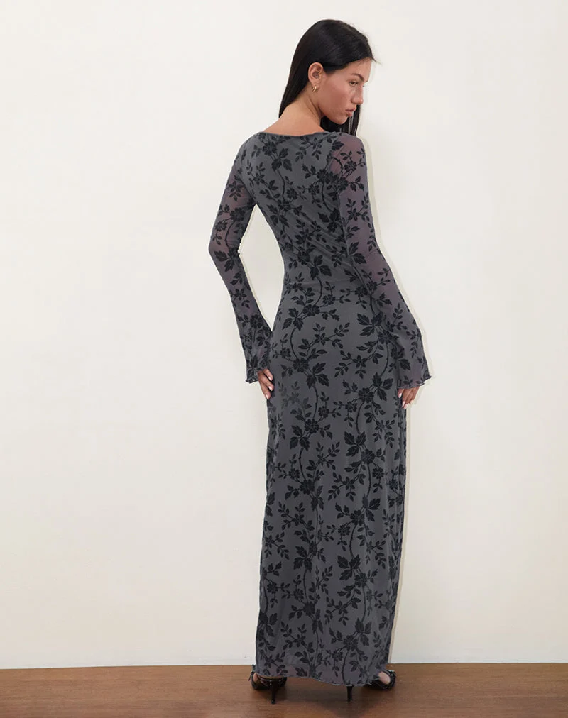 Slokya Langärmeliges Maxikleid in Vine Floral Flock Ocean Storm