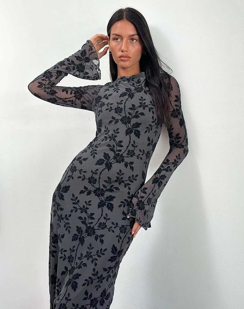 Slokya Langärmeliges Maxikleid in Vine Floral Flock Ocean Storm