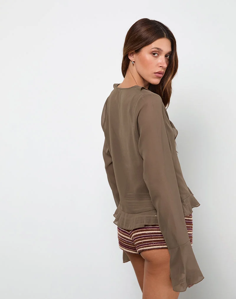 Hirap Bluse mit Halstuch aus Chiffon Kaffee