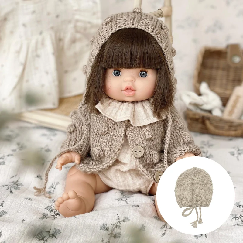 Puppenmütze für 34cm Puppen - Strick Bobble cappuccino