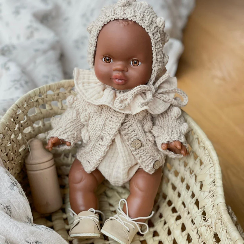 Puppenmütze für 34cm Puppen - Strick Bobble cappuccino