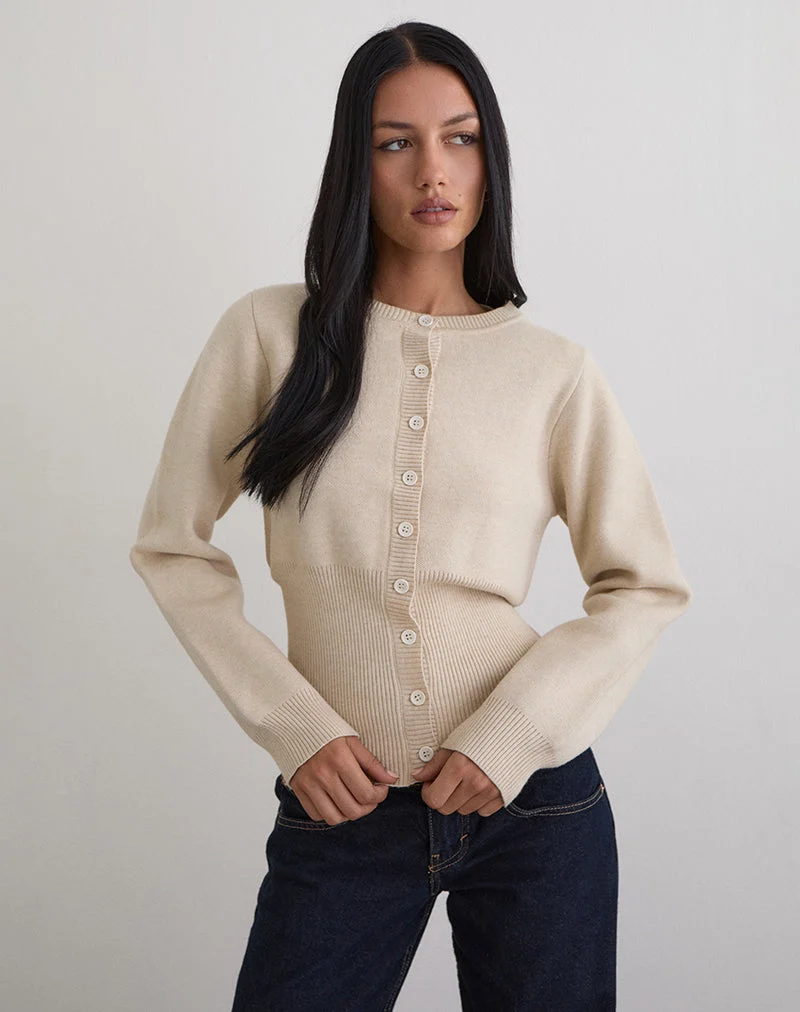 Subra Langärmelige Strickjacke mit geripptem Saum in Elfenbein